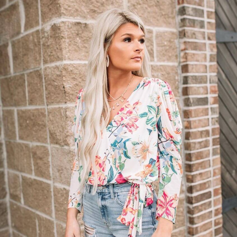 Willow & Root Floral Surplice Mesh Blouse
